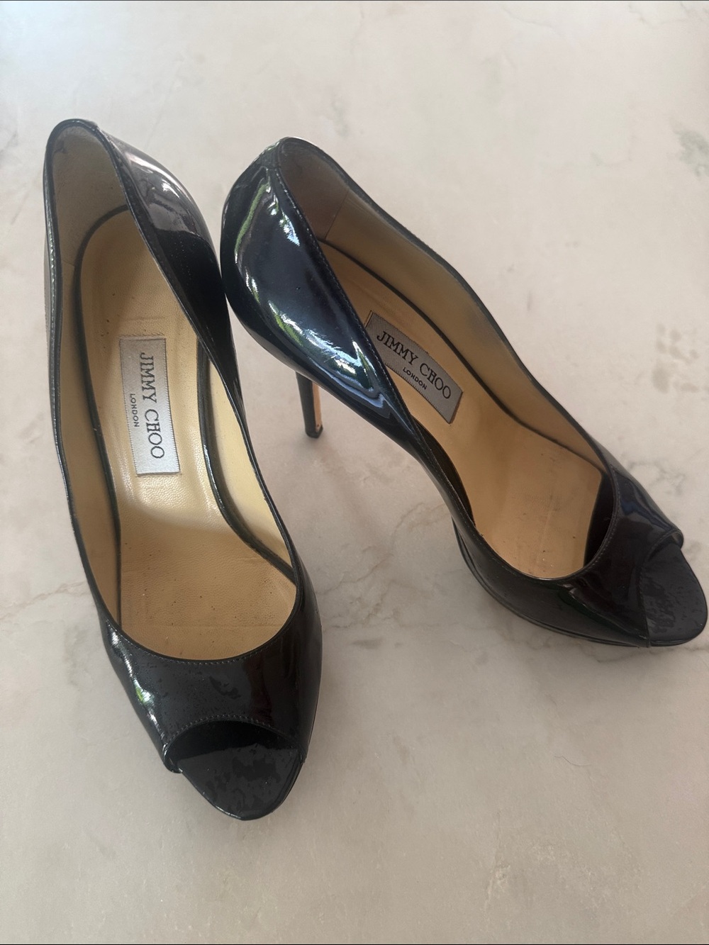 Jimmy Choo Black Patent Peep-Toe Stiletto Pumps size 40
